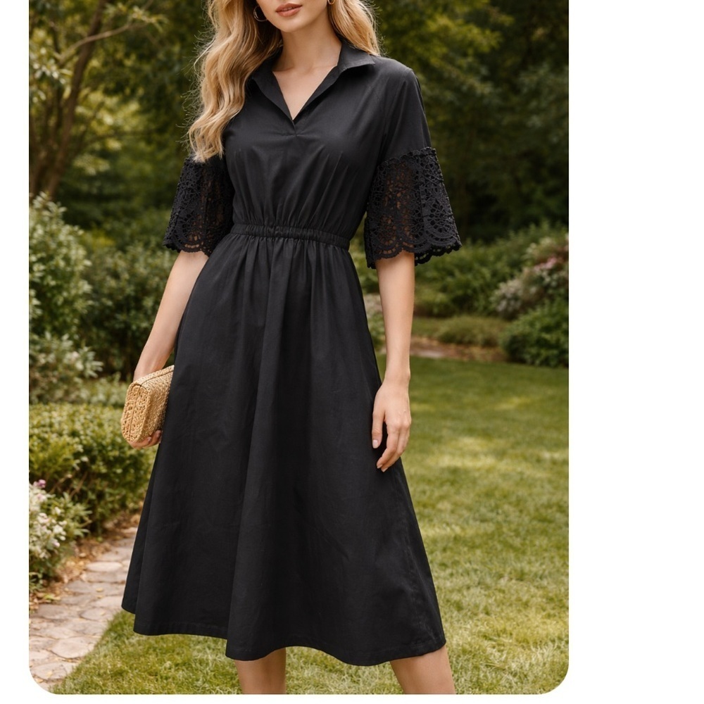 Lela Rose Black Midi Dress Lace Sleeves Collared Waist A-Line Elegant